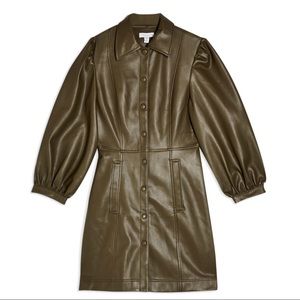 Topshop Faux Leather Olive Shirt Dress